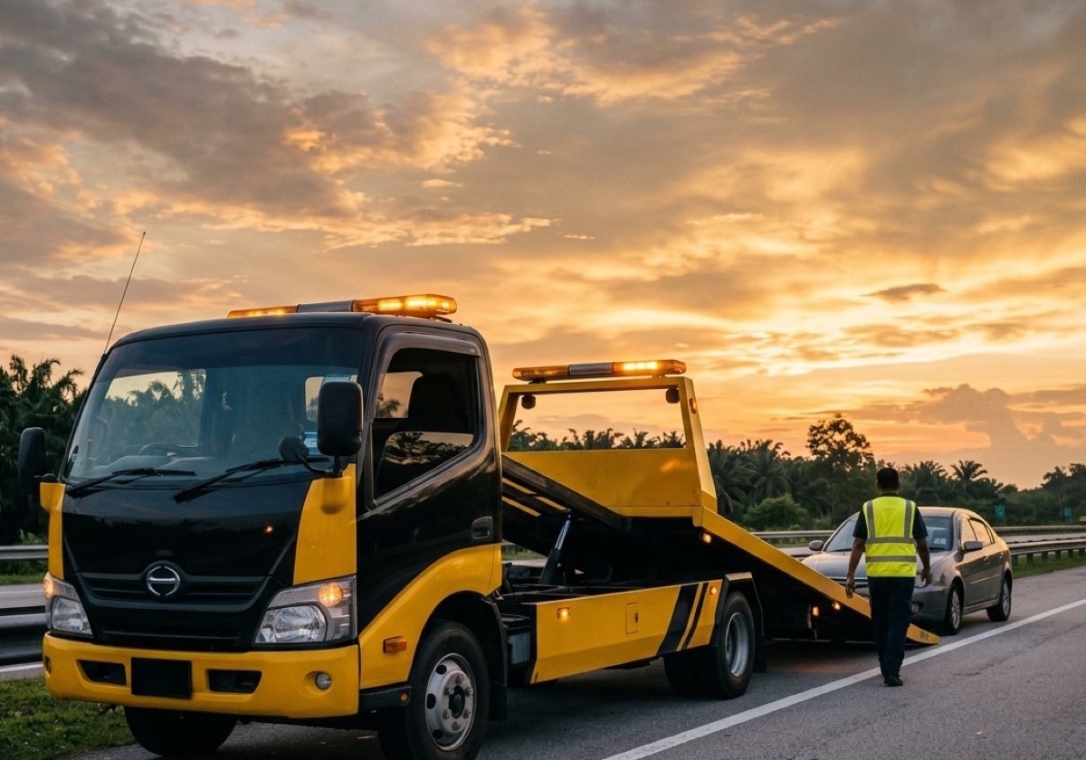 Lori towing Abang Tow standby di bahu lebuhraya waktu senja, operator menghampiri kereta rosak