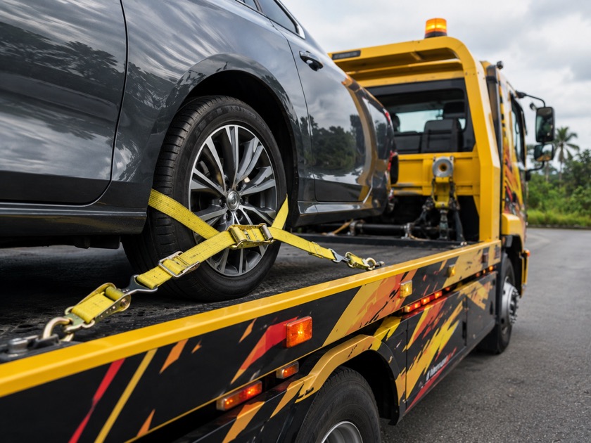 Towing kereta diikat dengan tali ratchet kuning atas flatbed