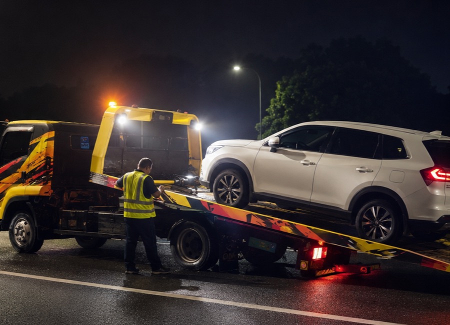 Unit towing beroperasi waktu malam di lebuhraya basah selepas hujan